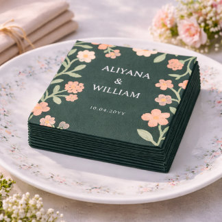 Serviette En Papier Elegent Floral Green Pink Border Minimal 