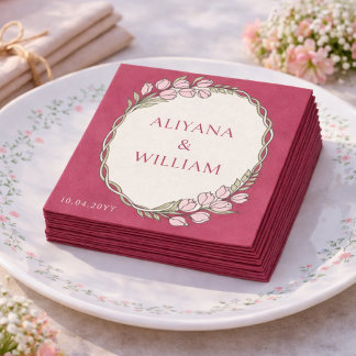 Serviette En Papier Elegent Floral Green Pink Tulip Minimal 