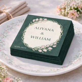 Serviette En Papier Elegent Floral Green Pink Tulip Minimal 