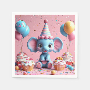 Serviette En Papier éléphant d'anniversaire avec gâteau et ballons