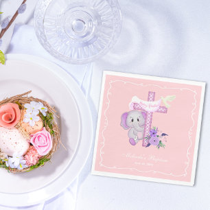 Serviette En Papier Eléphant De Bébé Rose Avec La Colombe Et Le Baptêm