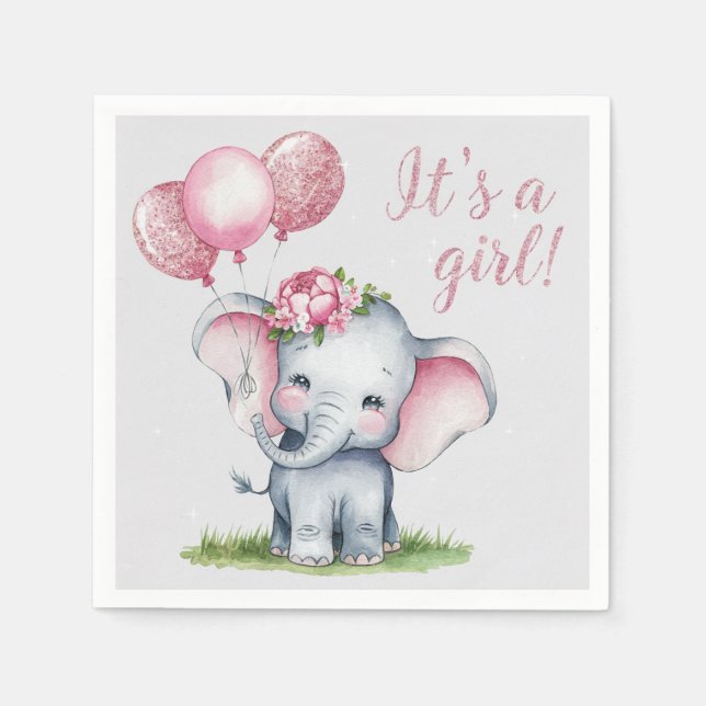 Serviette En Papier Eléphant mignon avec ballons roses Baby shower fil (Devant)