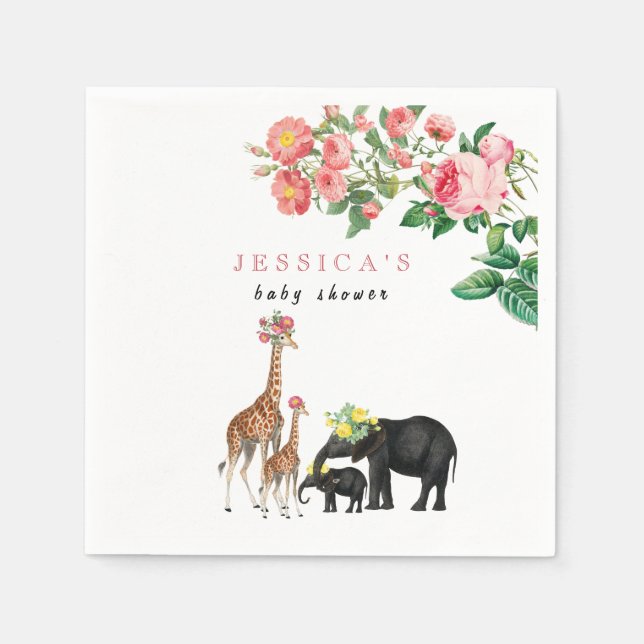 Serviette En Papier Eléphant mignon & Giraffe Fille Baby shower Floral (Devant)