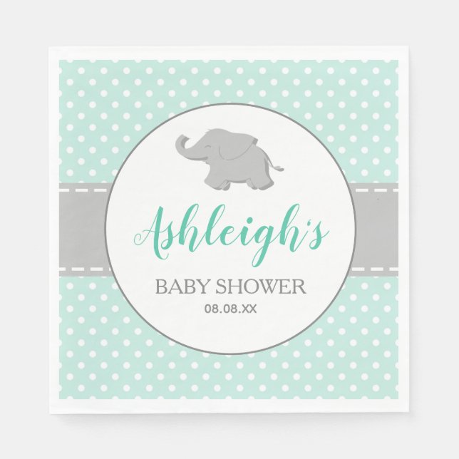 Serviette En Papier Eléphant Mint vert Polka Baby shower point (Devant)