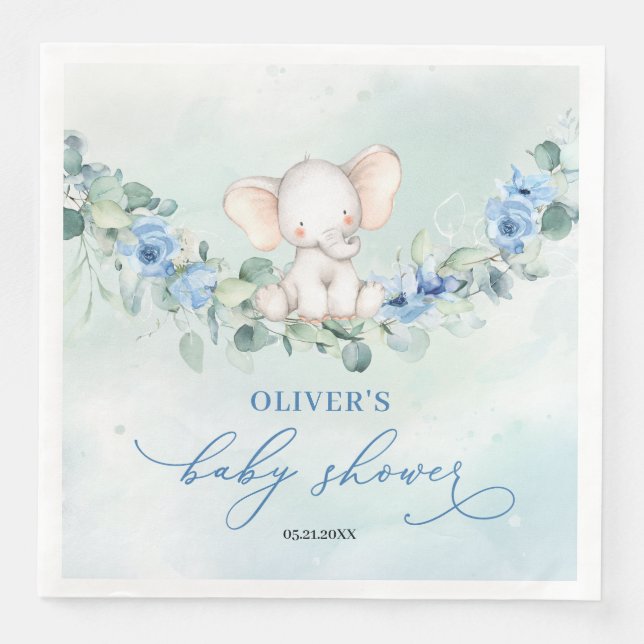 Serviette En Papier Eléphant tendance bleu fleuri eucalyptus garçon bé (Devant)