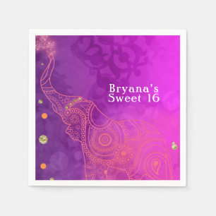 Serviette En Papier Elephant violet rose orange & Gold Party personnal