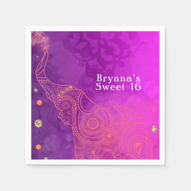 Serviette En Papier Elephant violet rose orange & Gold Party personnal (Devant)