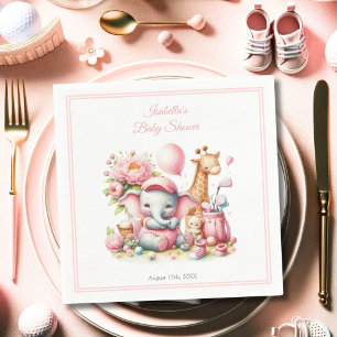 Serviette En Papier Éléphanteau et girafe fille rose pour Baby Shower