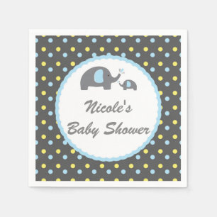 Serviette En Papier Eléphants baby shower bleu gris et jaune