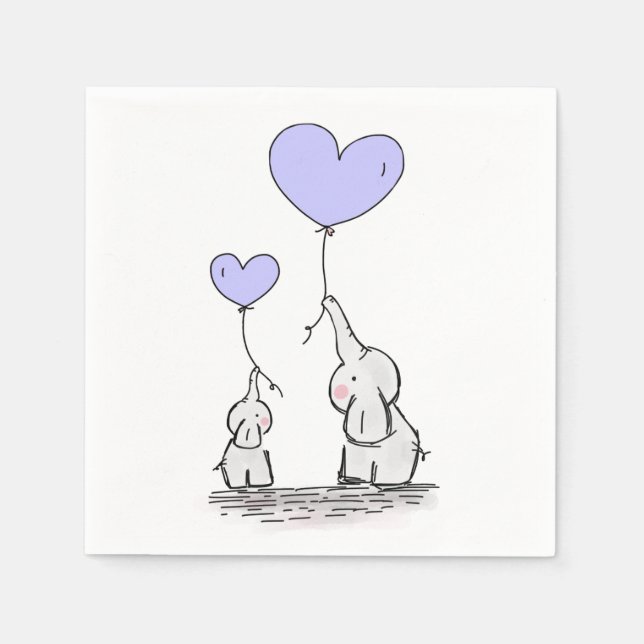 Serviette En Papier Eléphants | Baby shower Lilac Heart Balloons (Devant)