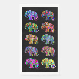 Serviette En Papier Eléphants ethniques colorés sur le noir