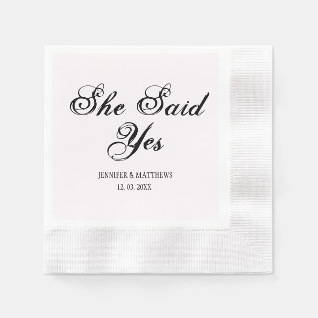 Serviette En Papier Elle A Dit Oui, Mariage Rose Noir Monogramme (Devant)