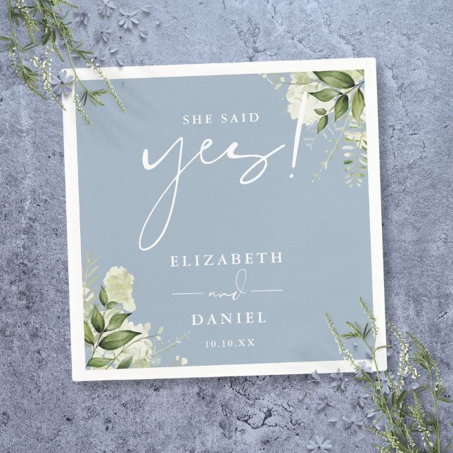 Serviette En Papier Elle A Dit Oui Vert Dusty Blue Engagement Party (She Said Yes Greenery Dusty Blue Engagement Party Napkins)