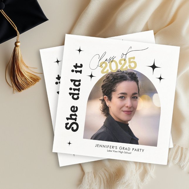 Serviette En Papier Elle L'A Fait Photo Graduation Party Retro (Créateur téléchargé)