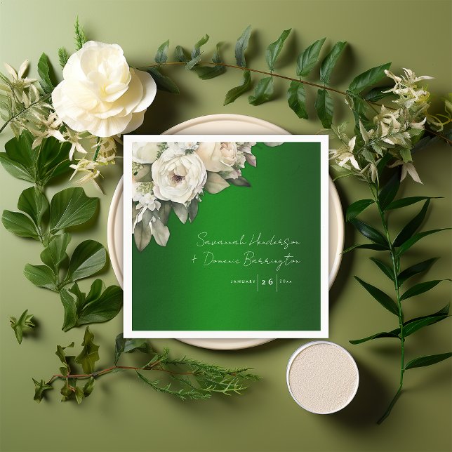 Serviette En Papier Emerald Elegance et White Rose Mariage (Créateur téléchargé)