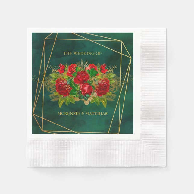 Serviette En Papier Emerald et Gold Géométrique avec Flore rouge (Devant)