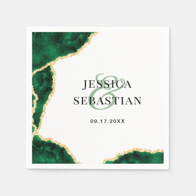 Serviette En Papier Emerald Green Gold Agate Blanc Élégant Mariage (Devant)