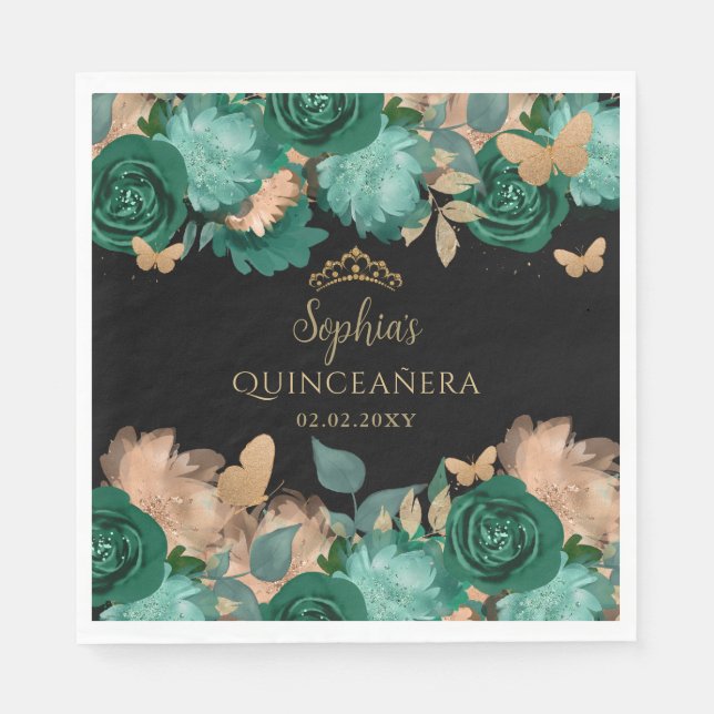 Serviette En Papier Emerald Green Gold Floral Butterfly Quinceañera (Devant)