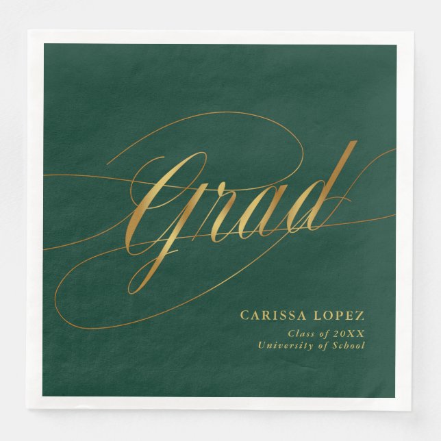 Serviette En Papier Emerald Green & Gold Minimalist Grad Calligraphie (Devant)
