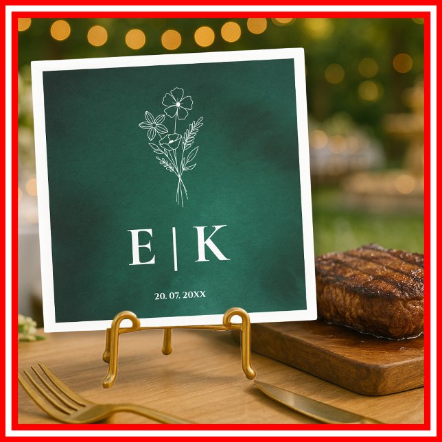 Serviette En Papier Emerald Green Monogram Fleur sauvage Floral Mariag (Créateur téléchargé)