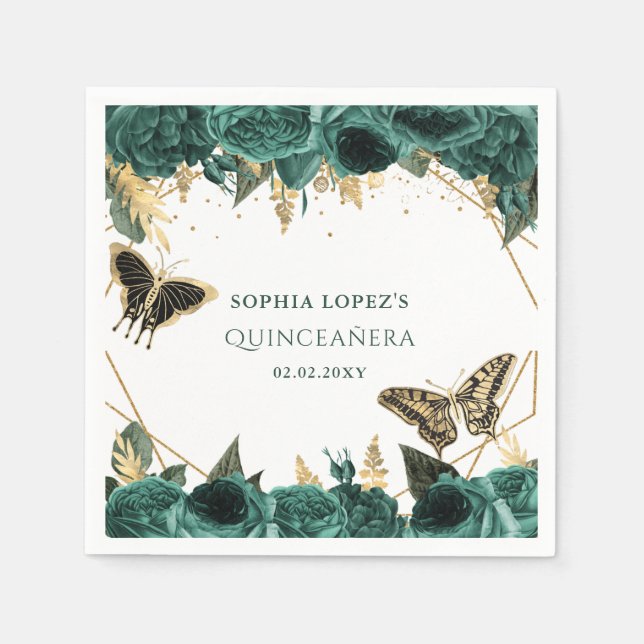 Serviette En Papier Emerald Green Or Floral Elegant Quinceanera (Devant)