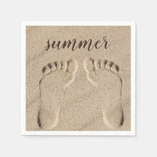 Serviette En Papier Empreintes De Pieds Nus En Été Dans Le Sable