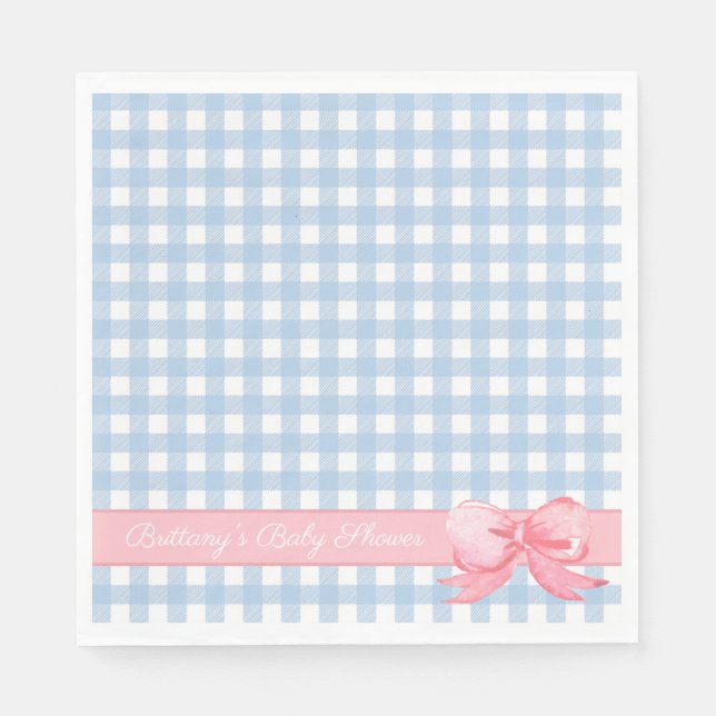 Serviette En Papier En vichy bleu avec Baby shower à cou rose (Devant)