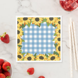 Serviette En Papier En vichy bleu rustique et tournesols