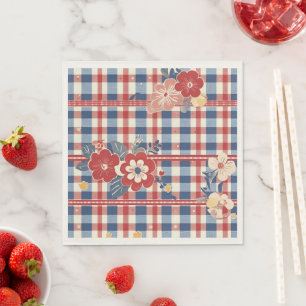 Serviette En Papier En vichy patriotique aux accents floraux   Rouge b