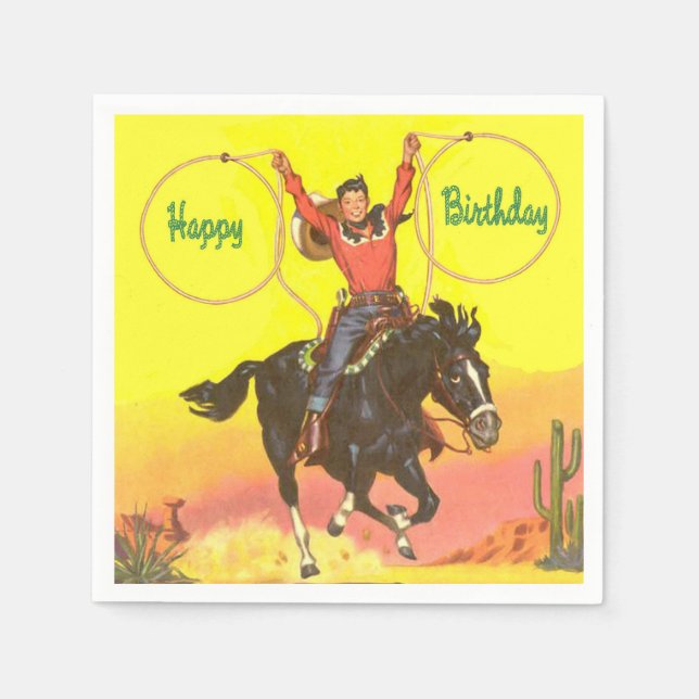 Serviette En Papier Enfant Cowboy À Cheval Avec Cordes Joyeux Annivers (Devant)
