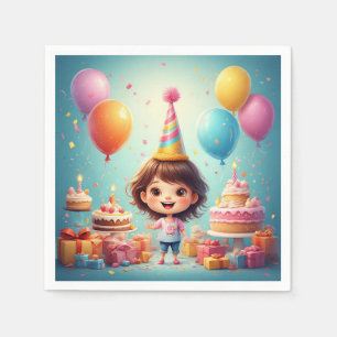 Serviette En Papier Enfant joyeux célébrant son anniversaire avec un g