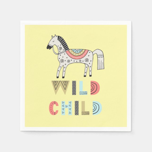 Serviette En Papier Enfant sauvage Cheval Scandinave Pastel Jaune (Devant)