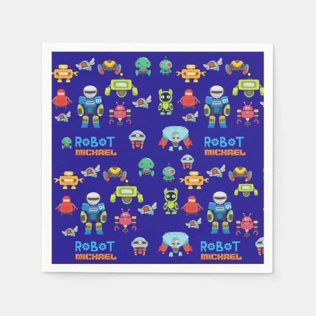 Serviette En Papier Enfants ROBOTS Anniversaire Fête Bleu Drôle Carton (Devant)