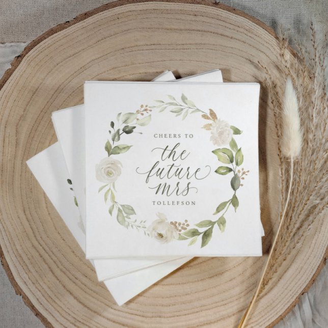 Serviette En Papier Enterrement de vie de jeune fille Fleurs aquarelle (Elegant sage green bridal shower napkin with watercolor floral design and “cheers to the future mrs”)