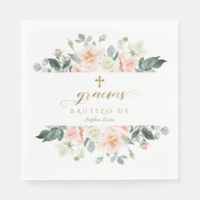 Serviette En Papier Espagnol Blush Fleurs blanches Gold Girl Bautizo (Devant)