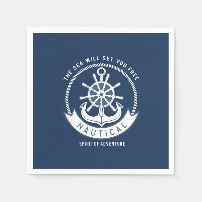 Serviette En Papier Esprit nautique Ancre, Roue, Bleu marine (Devant)