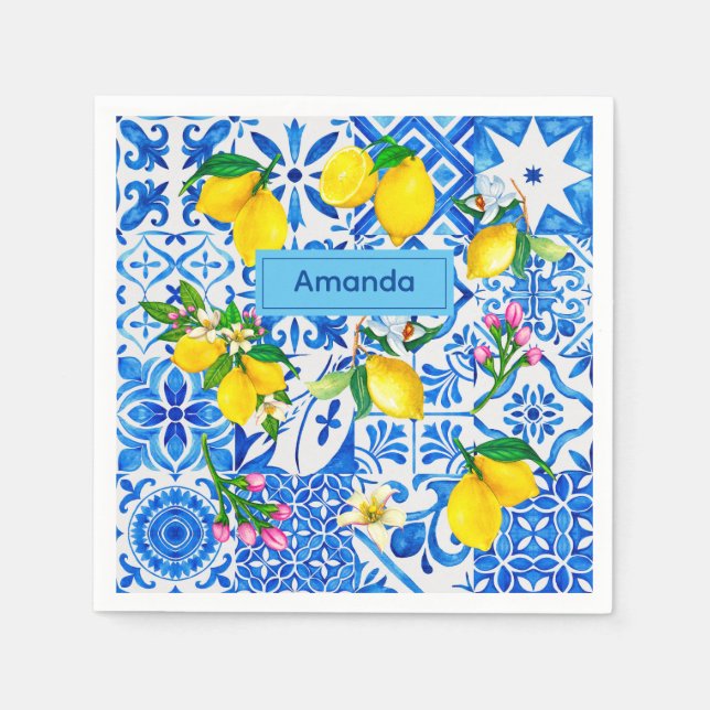 Serviette En Papier Eté majolica bleu Sicilienne agrumes méditerranéen (Devant)