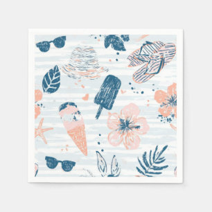 Serviette En Papier Été Plage Tropical Bleu Corail Rayé