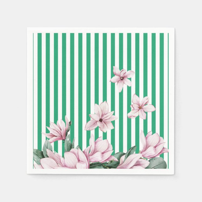 Serviette En Papier Été, printemps, imprimé magnolia rayé vert (Devant)