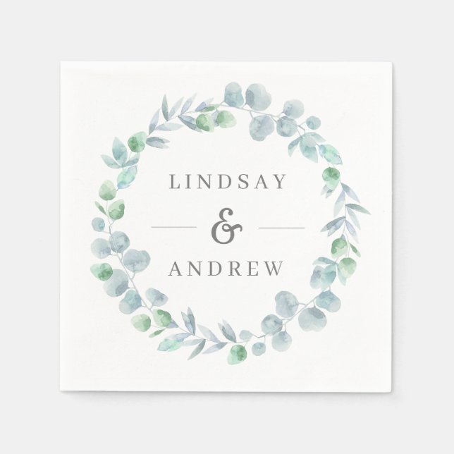 Serviette En Papier Ethereal Eucalyptus couronne Dusty Mariage bleu (Devant)