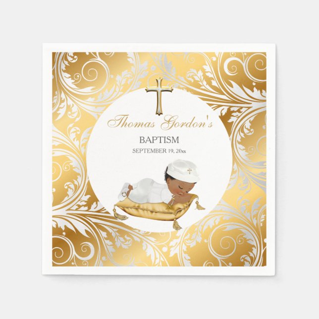 Serviette En Papier Ethnic Baby Boy Christening Baptême Or Argent (Devant)