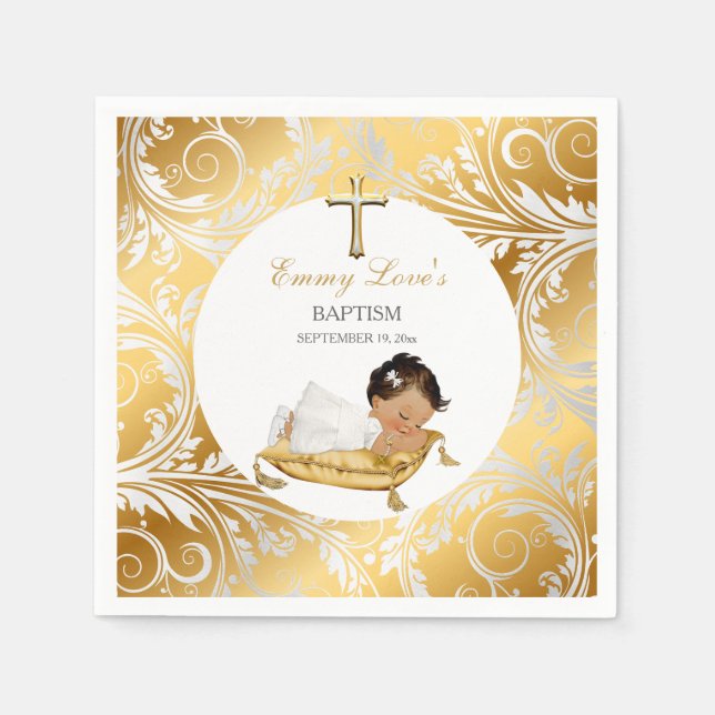 Serviette En Papier Ethnic Baby Girl Christening Baptism Or Argent (Devant)