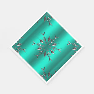 Serviette En Papier Étoile de Noël en argent sur Turquoise