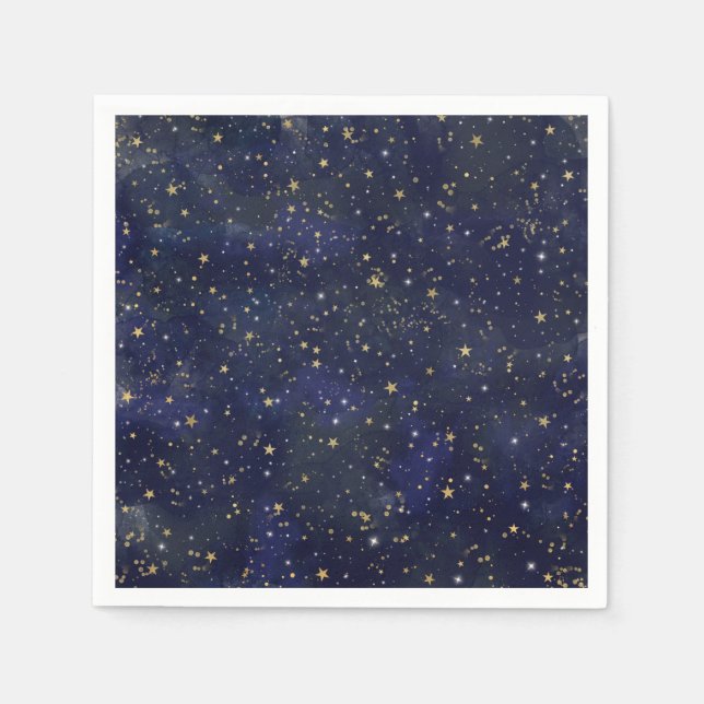 Serviette En Papier Etoiles célestes bleues et dorées Aquarelle lunair (Devant)