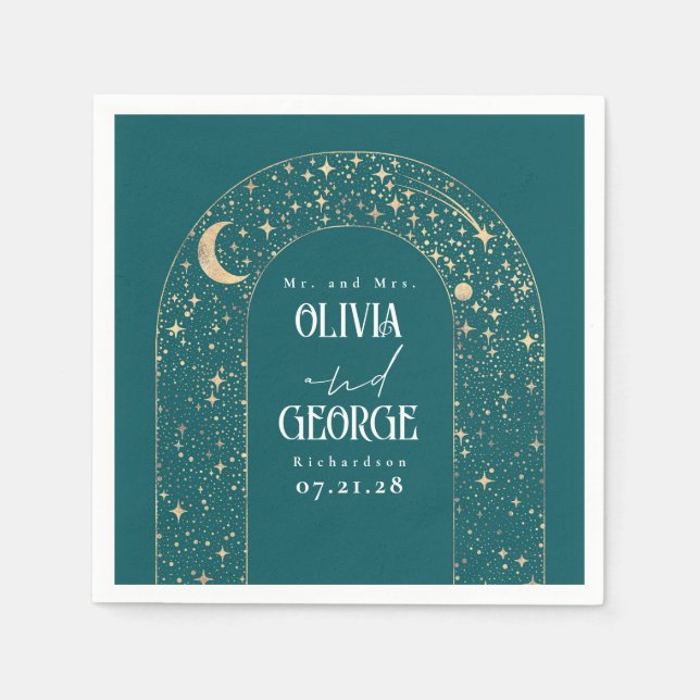 Serviette En Papier Étoiles de lune céleste Mariage Turquoise (Devant)