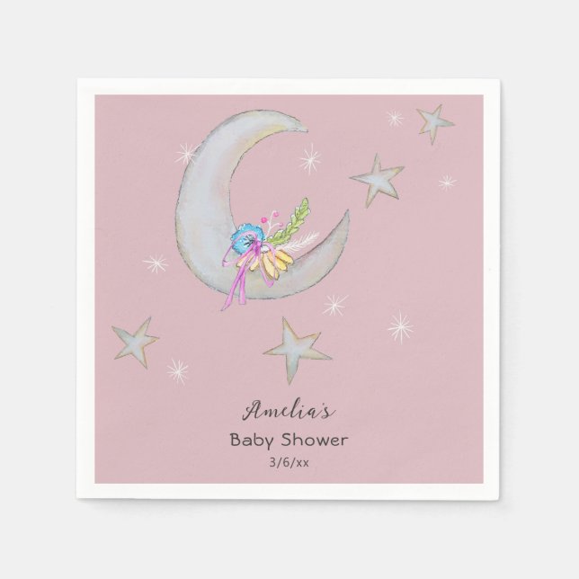 Serviette En Papier Étoiles de lune Fleurs Mauve Main dessinée Baby sh (Devant)