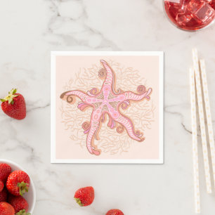 Serviette En Papier Étoiles de mer et motif pastel rose corail