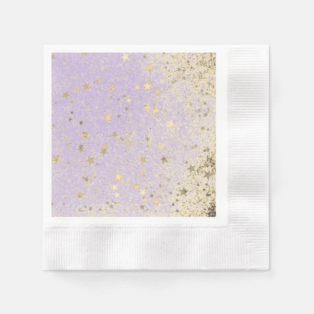 Serviette En Papier Étoiles d'or brillantes de la Glitterie sur lavand (Devant)