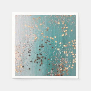 Serviette En Papier Étoiles d'or chatoyantes sur Turquoise
