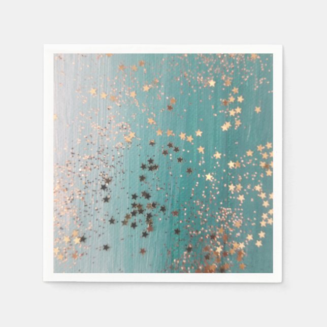 Serviette En Papier Étoiles d'or chatoyantes sur Turquoise (Devant)